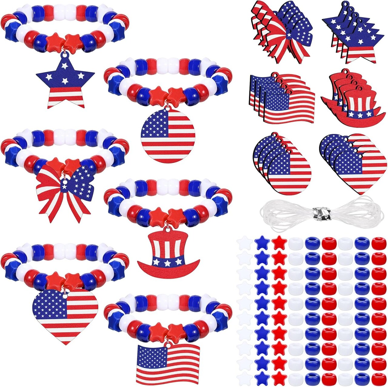 1024Pcs 4th of July Crafts Independence Day Craft Kit Patriotic Beads and American Flag Charms for Jewelry Making Red White Blue Pony Beads Star Beads and Wooden Pendant for DIY Bracelet Making Supply